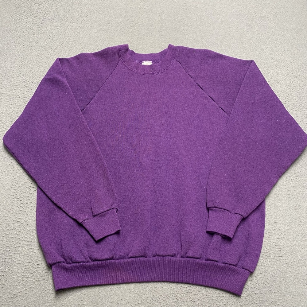 VTG Fruit Of The Loom Sweatshirt Womens XL Purple Fleece Crewneck Raglan USA 80s